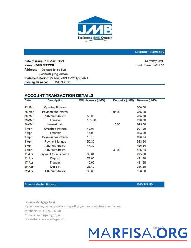 Blank Jamaica Mortgage bank statement excel example